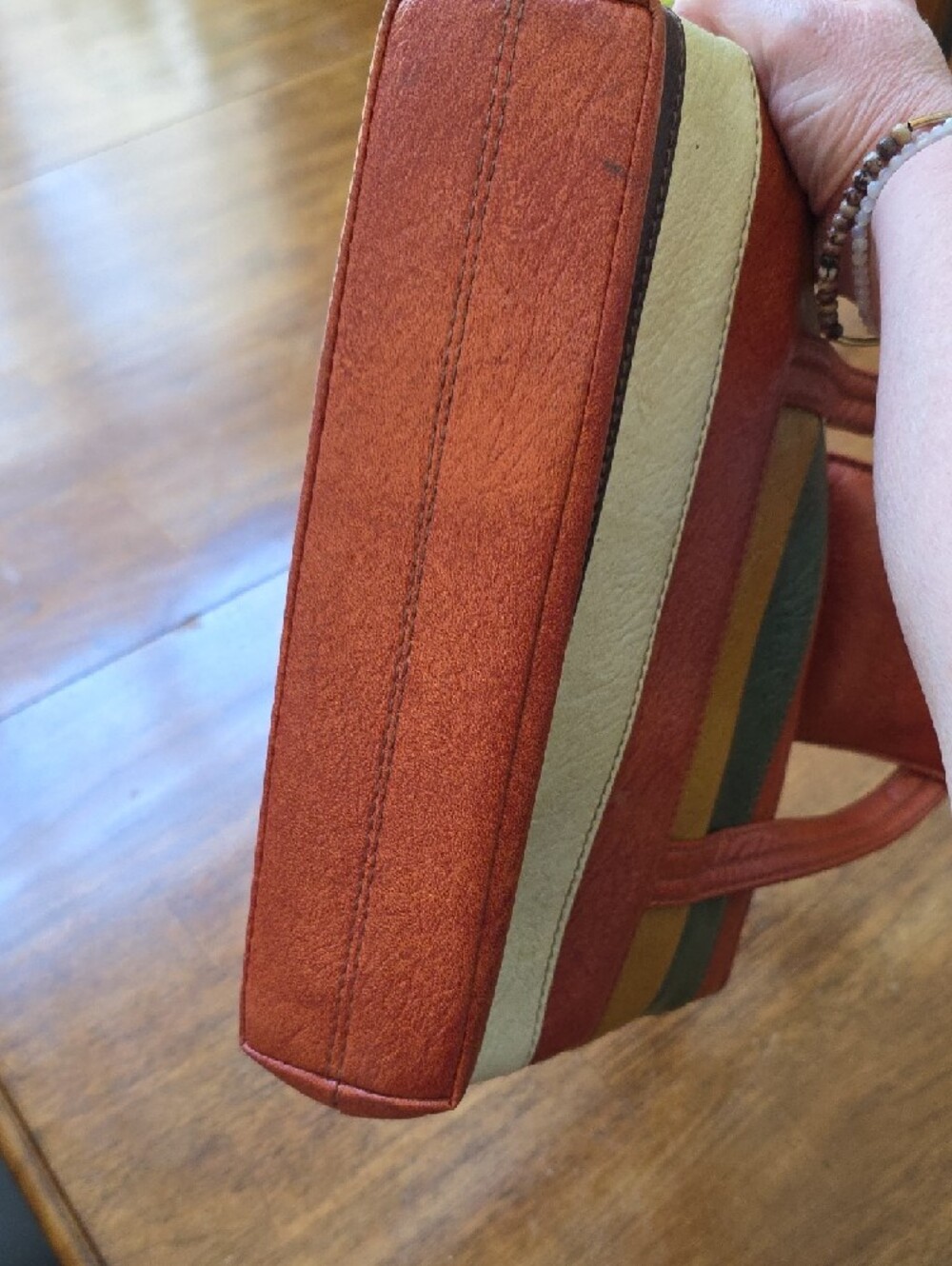 Vintage 1970s Vinyl Striped Multi-Color Tote - Rust, Cream, Green & Brown - Picture 5 of 12